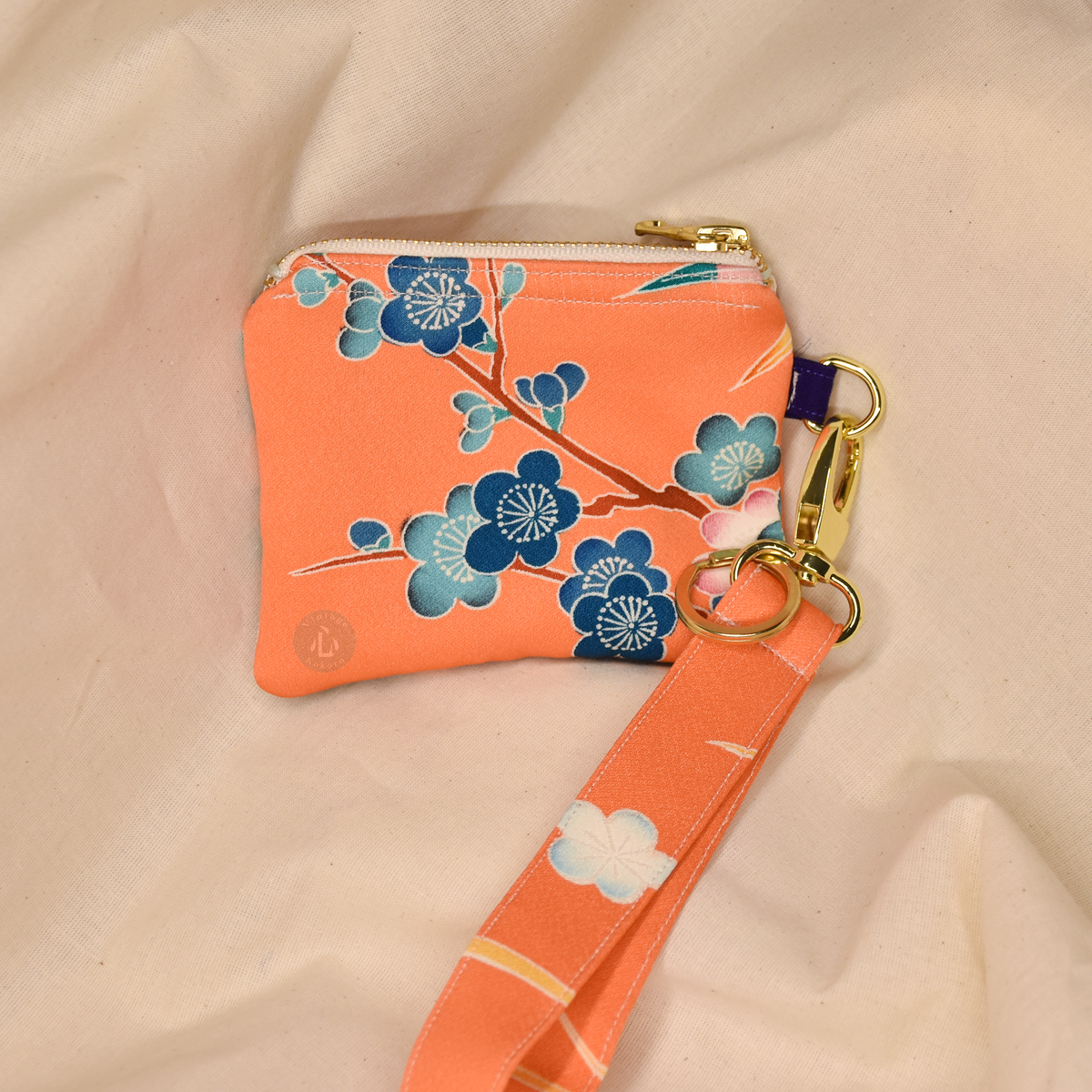 Upcycled Vintage Kimono Silk Coin Pouch + Key Fob Wristlet Set (OrgW3)