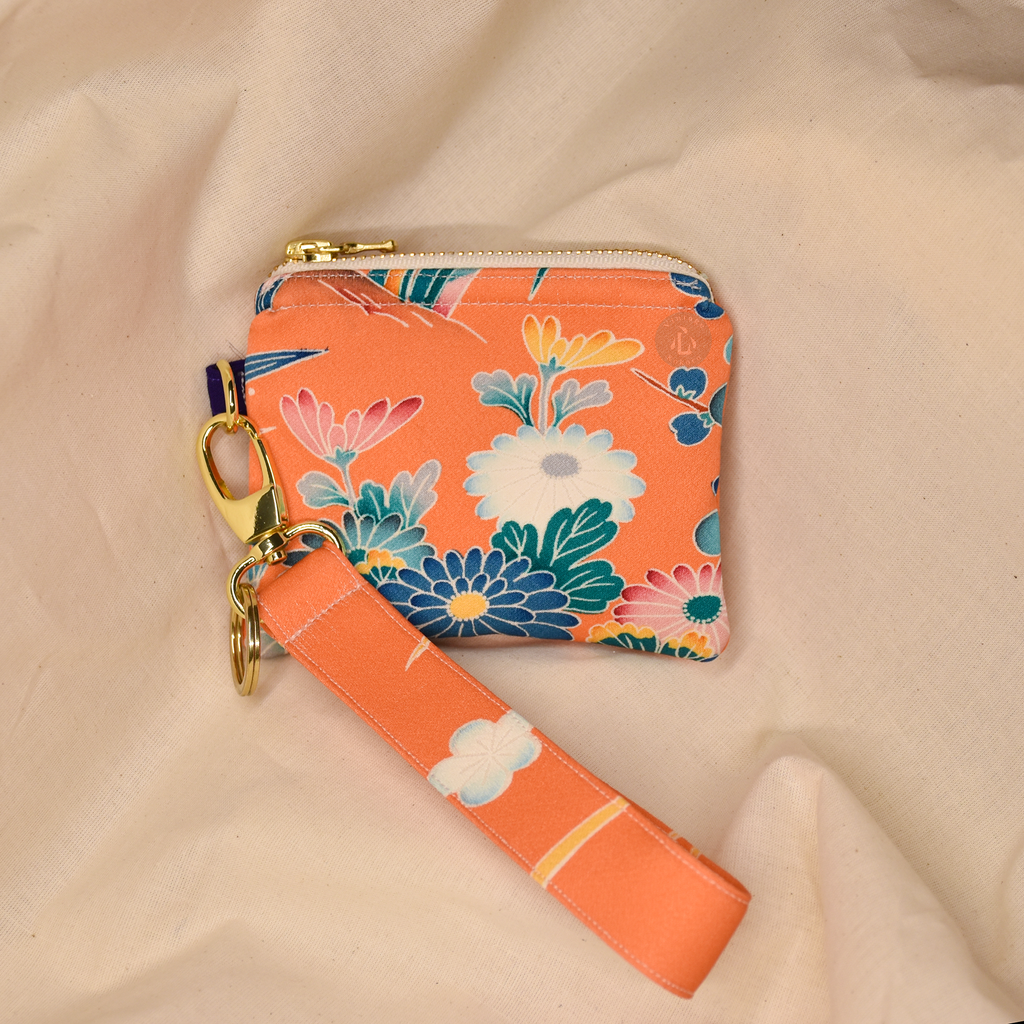 Upcycled Vintage Kimono Silk Coin Pouch + Key Fob Wristlet Set (OrgW3)