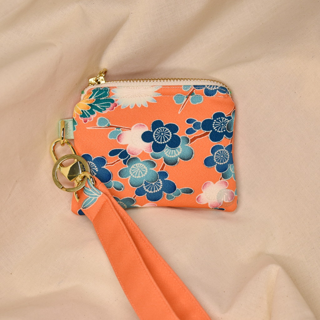 Upcycled Vintage Kimono Silk Coin Pouch + Key Fob Wristlet Set (OrgW4)