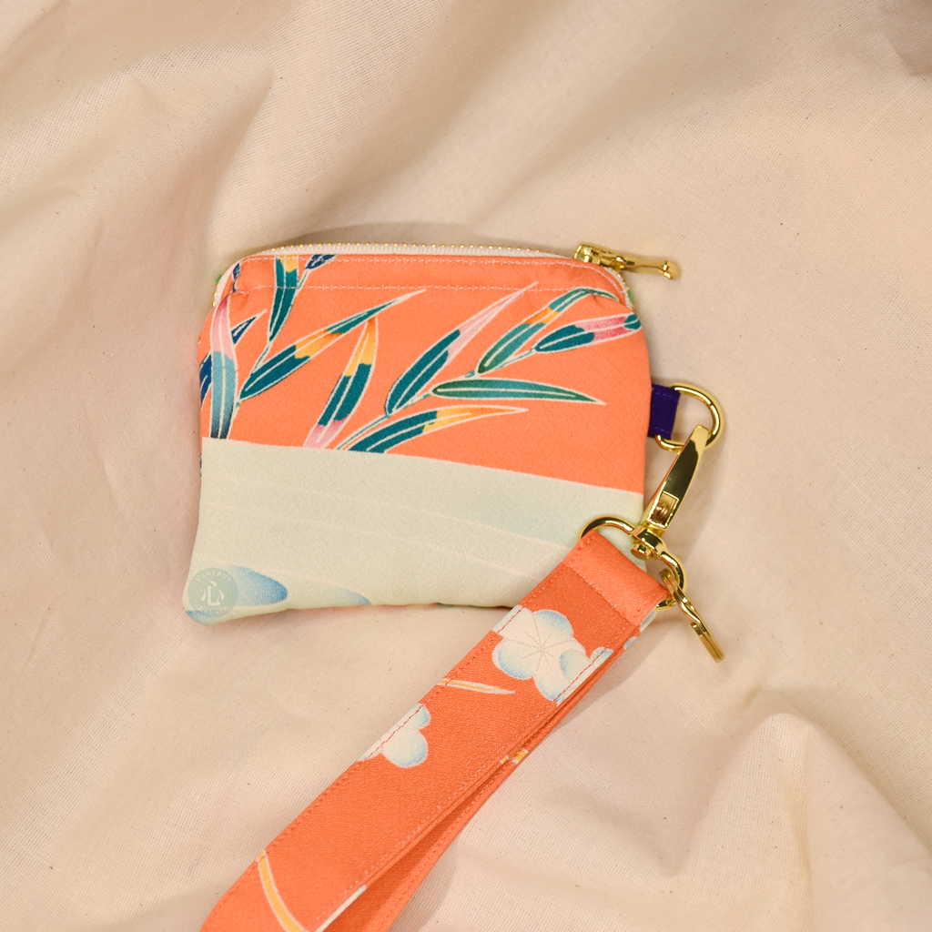 Upcycled Vintage Kimono Silk Coin Pouch + Key Fob Wristlet Set (OrgW5)