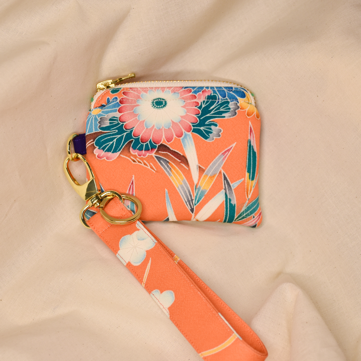Upcycled Vintage Kimono Silk Coin Pouch + Key Fob Wristlet Set (OrgW5)