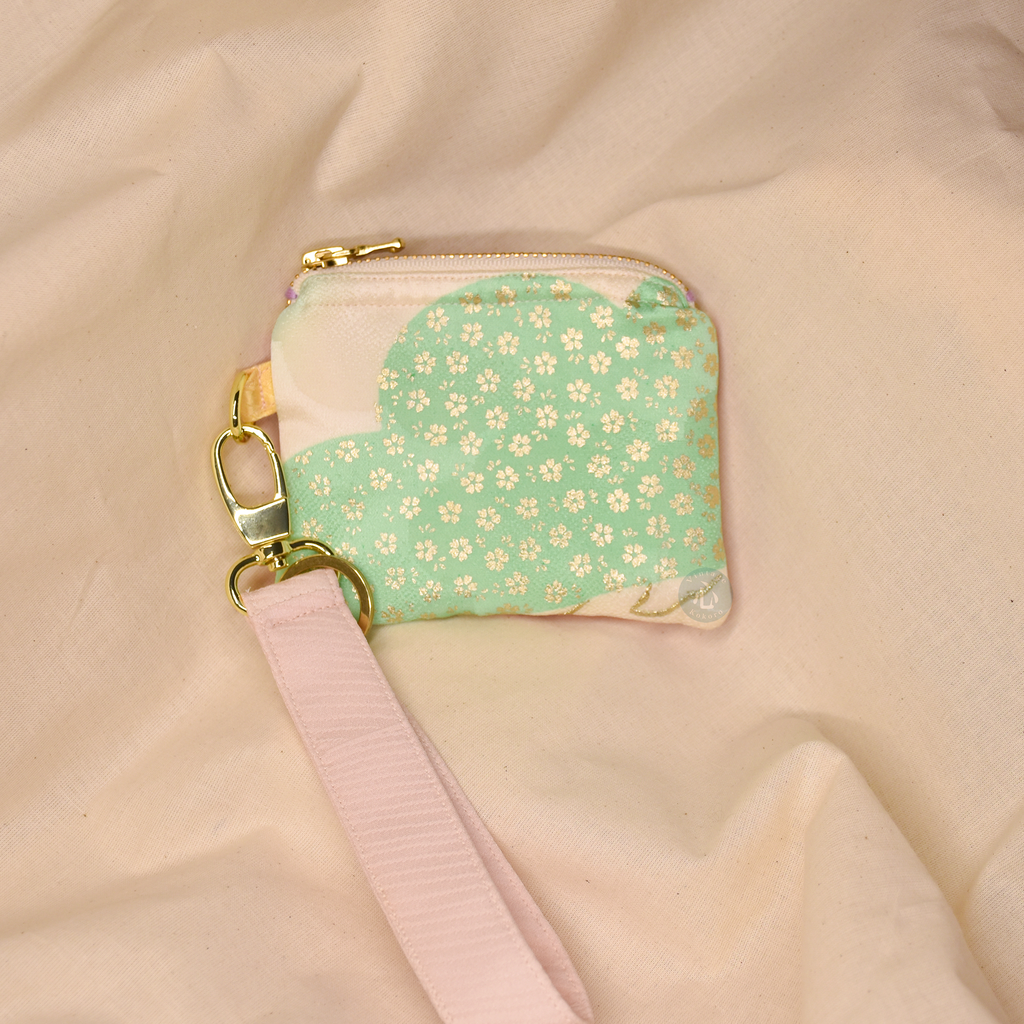 Upcycled Vintage Kimono Silk Coin Pouch + Key Fob Wristlet Set (PGW4)